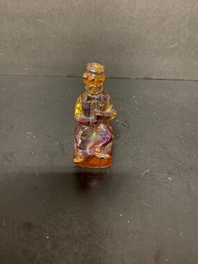 Iridescent Amber Mosser Glass Clown  Sitting On A Barrel Figurine